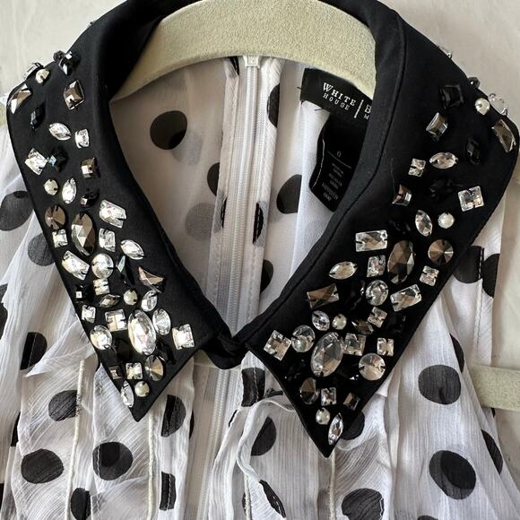 NWT WHBM White w/Black Polka Dot Chiffon Shirt Removable Rhinestone Collar Sz 0 - Picture 3 of 11